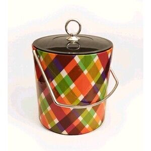 Colorful Plaid Ice Bucket With Lid & Handle Mid Century Style Retro Design Neon